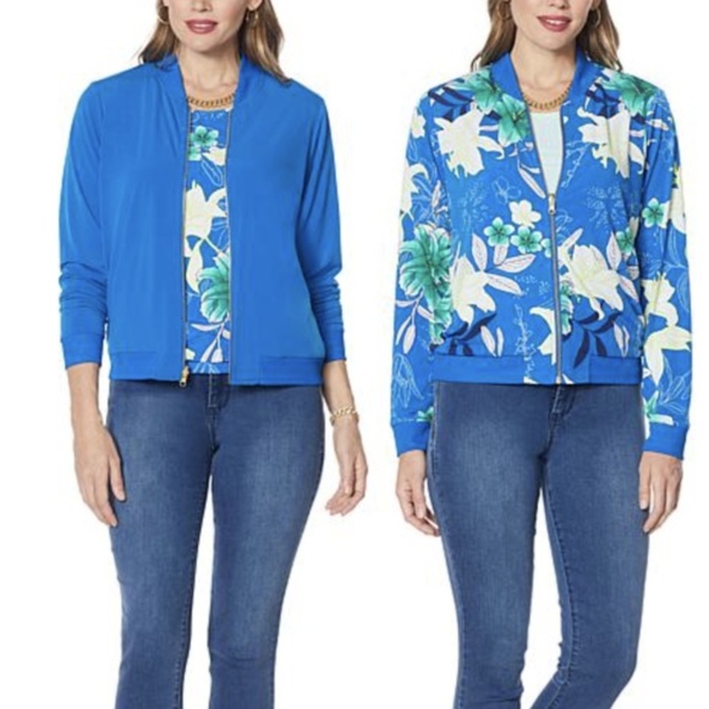 *396 NWT IMAN Reversible Stretch Knit Blue Floral Bomber‎ Jacket - Size 5X